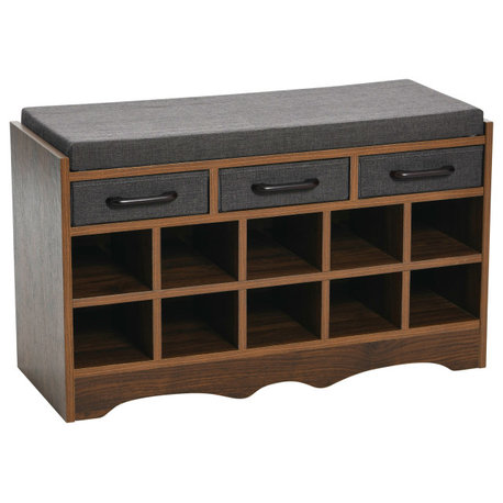 Entryway Storage Bench, 3 Dark Grey Drawers 10 Shoe Compartments, Cushioned Seat