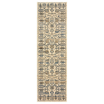 Echo Floral Borders Ivory and Blue Area Rug, 2'3"x7'6"