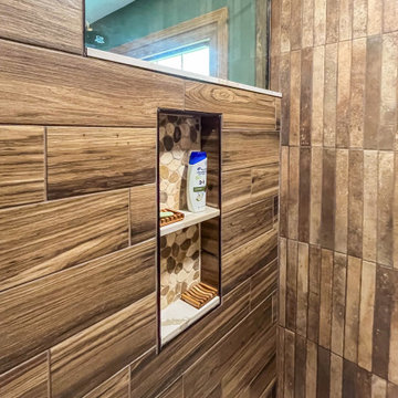 Custom Rustic Bathroom with Knotty Alder Vanity and Cambria Quartz
