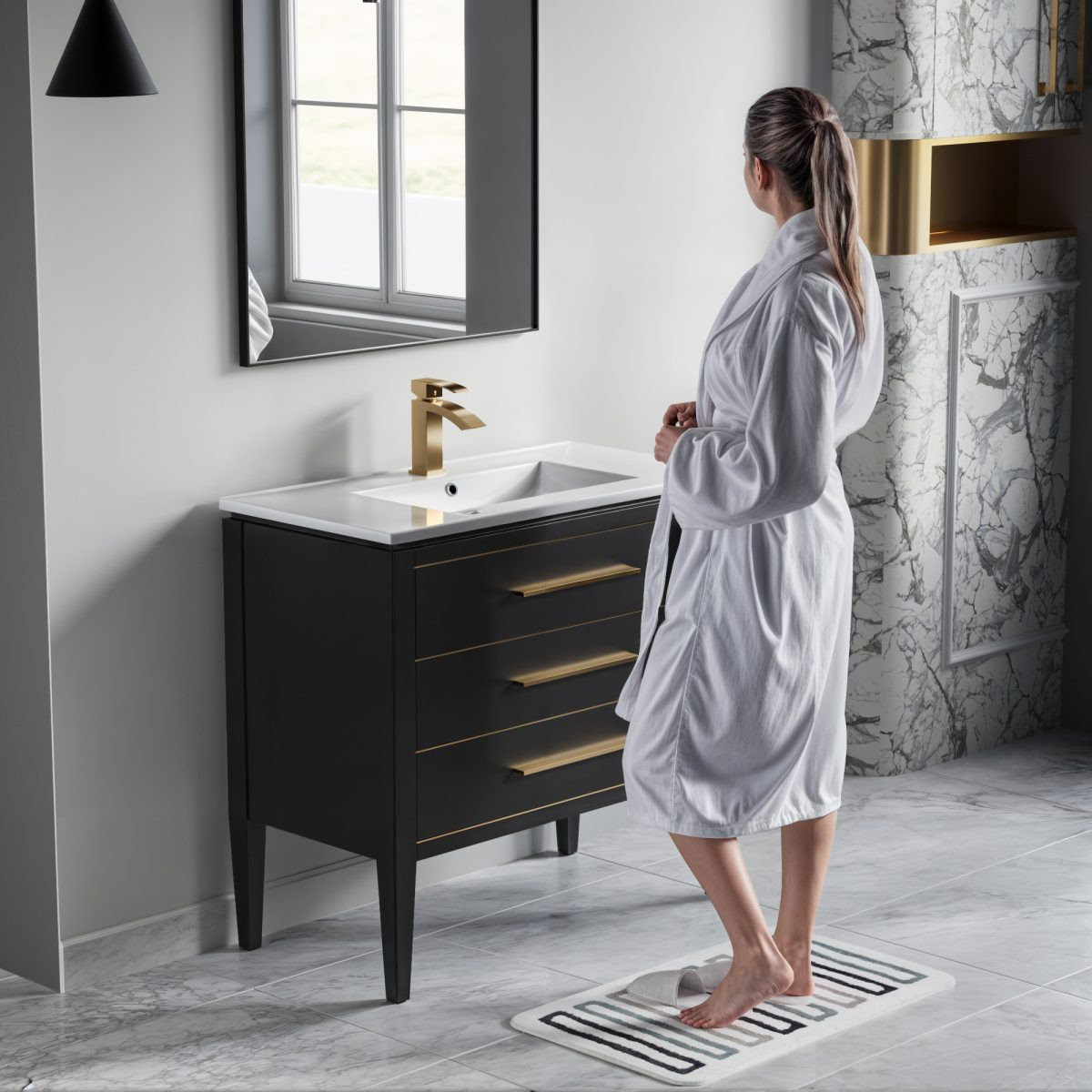 Grace Bathroom Vanity, Black With Brass Trim, 36", Single Sink, Freestanding