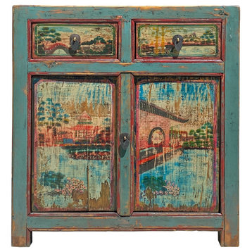 Chinese Distressed Turquoise Blue Old Graphic Credenza Cabinet Hcs7312