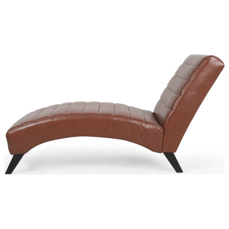 Metter Contemporary Channel Stitch Chaise Lounge, Cognac/Dark Brown