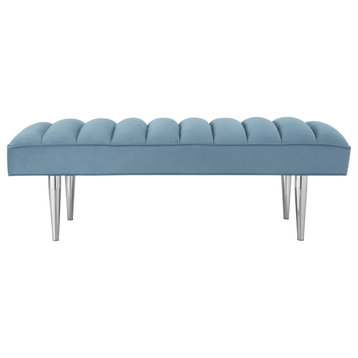 53" Blue And Silver Upholstered Velvet Bench