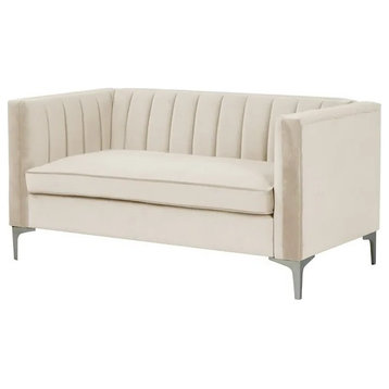 Contemporary Loveseat, Soft Velvet Seat With Channel Tufted Back & Arms, Beige