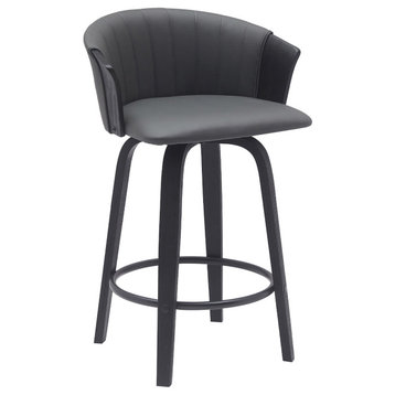 Diana Swivel Black Wood Counter Stool, Gray Faux Leather