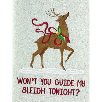 Wont You Guide My Sleigh Tonight Reindeer Embroidered Kitchen Dish Towel