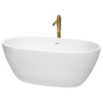 59" Juno Freestanding Bathtub, White, White Trim, Floor Mounted Faucet, Gold