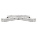 Meridian Furniture - Comfy Upholstered L-Shaped Modular Sectional, Cream, 7-Piece: 4 Armless Chair, 1 Corner Chair, 2 Ottoman, Velvet - Indulge in a relaxing experience with the Comfy Velvet Sectional. The soft durable cream velvet upholstery adds an elegant touch to any living space, while the plush overstuffed cushions create a cozy and inviting atmosphere. This sectional is perfect for spending quality time with family and friends, offering unparalleled comfort that will make you never want to leave. Whether you're watching your favorite sports games or having a movie night, the Comfy Velvet Sectional is the perfect addition to your home.