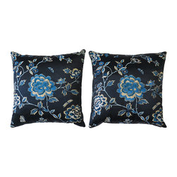 Navy Blue Silk and Velvet Floral Pillow Pair - Products