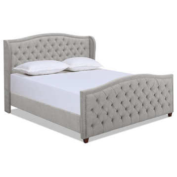 Marcella Upholstered Tufted Shelter Headboard Panel Bed, Cal King, Silver Grey Polyester