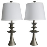 Urbanest - Set of 2 Netto Table Lamps, Pewter - This set of two lamps includes two lamp bases with a geometric design in pewter, two 7 1/2" harps, 2 pewter finials, and two 12" off-white cotton hardback lamp shades. The lampshades have a nickel spider fitter.