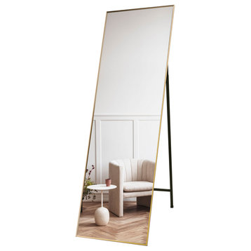 65 inch Rectangular Aluminum Framed Floor Wall Hanging Bedroom Mirror, Gold, 22'