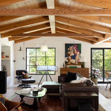 Mid-Century Modern Living Room with Vaulted Wood-Beam Ceiling