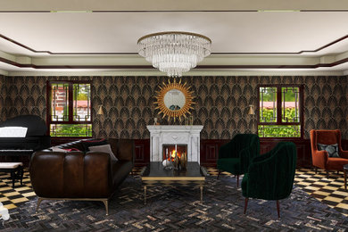 Inspiration for a large enclosed coffered ceiling and wallpaper living room remodel in Boston with a standard fireplace and no tv
