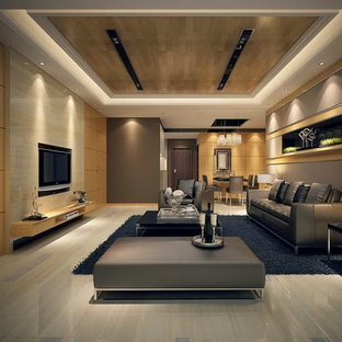 Design ideas for a large industrial home studio in Other with purple walls, ceramic floors, no fireplace, a concrete fireplace surround, a built-in desk and white floor.