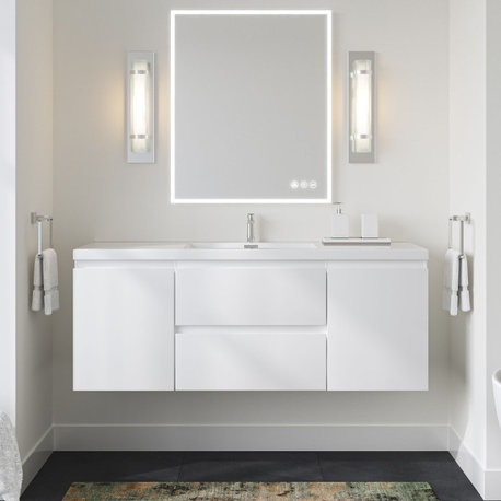 MOB Bath Vanity, High Gloss White, 60", Single Sink, Wall Mount