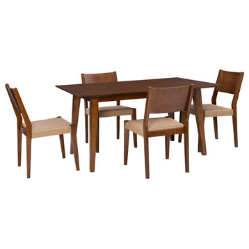 5 Pieces Dining Set, Rectangular Table & Curved Back Chairs With Woven Seats