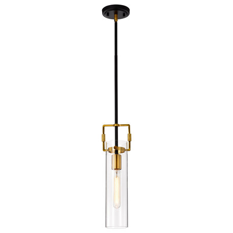 1-Light Black and Antique Gold Mini Pendant With Clear Cylindrical Glass Shade
