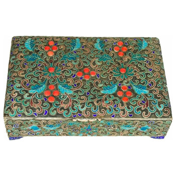 Consigned Antique Chinese Cloisonne Enamel Box Coral Inlay