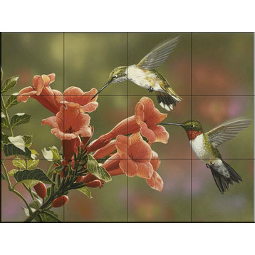 Tile Mural Kitchen Backsplash - Hummingbirds and Trumpet-WV