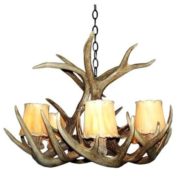 Whitetail Deer Single Tier Antler Chandelier Light, Large, Parchment Shades