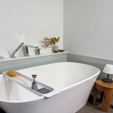 Curated Condo: Calm Bath Detail, Wood Stool and Ledge Shelf