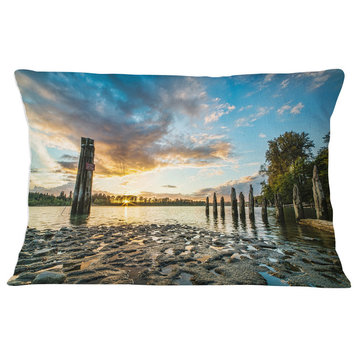 Riverside Sunset with Wood Modern Seascape Throw Pillow, 12"x20"