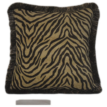 Brown And Gold Woven Chenille Fringed Zebra Throw Pillow, 23x23