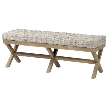 Solis II Beige Woven Leather With Medium Brown Solid Wood Base Accent Bench