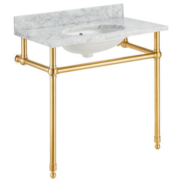 ANZZI Verona 34.5" Console Sink With Carrara White Counter Top, Brushed Gold