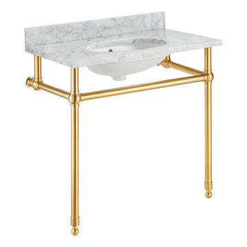 ANZZI Verona 34.5" Console Sink With Carrara White Counter Top, Brushed Gold