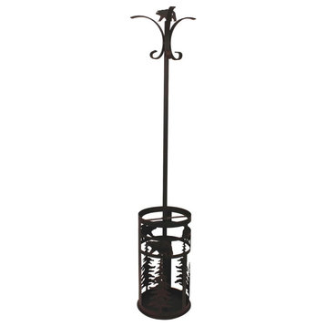 Burnt Sienna Iron Coat Rack and Umbrella Stand With Bear and Feather Tree Accent