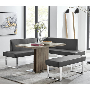 Elegant Dining Bench, L-Shaped Design With Chrome Legs & Gray Faux Leather Seat