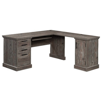 Pemberly Row Contemporary Engineered Wood L-Desk in Pebble Pine/Brown
