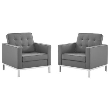 Loft Tufted Upholstered Faux Leather Armchair Set of 2, Silver Gray