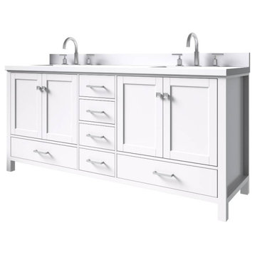 Cambridge White 73" Double Rectangle Sink Vanity With White Quartz Countertop
