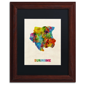 'Suriname Watercolor Map' Matted Framed Canvas Art by Michael Tompsett