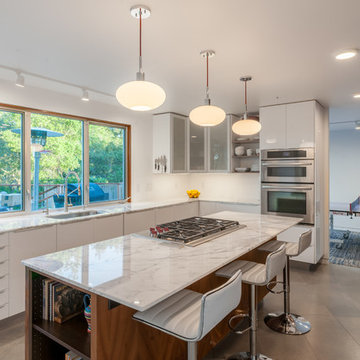 Updated Mid-century Kitchen Island with Hanging Lights