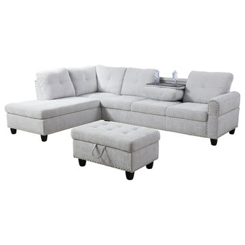 Right L-Shaped Sectional Sofa, Linen Seat With Drop Down Cup Holders, White Gray