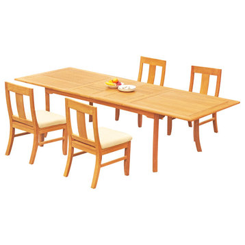 5-Piece Outdoor Teak Dining Set, 117" Extn Rectangle Table, 4 Osbo Armless Chair