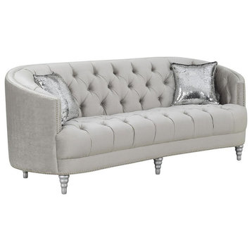 Coaster Avonlea Transitional Velvet Tufted Sloped Arm Sofa in Gray