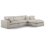Meridian Furniture - Comfy Upholstered L-Shaped Modular Sectional, Beige, 4-Piece: 1 Armless Chair, 2 Corner Chair, 1 Ottoman, Linen Textured Fabric - Give your space a whole new look with this beige Comfy linen textured fabric sectional. This handsome sectional fits nicely with other items in the Comfy collection and is a versatile seating option designed for adaptability, comfort and style. Wrapped in rich beige durable linen textured fabric upholstery, this sectional offers a plush embrace of overstuffed down feather cushions, carefully crafted to deliver the highest level of comfort. The perfect seat for creating an oasis for relaxation, this sectional has thick foam surrounding its frame for added support and coziness.