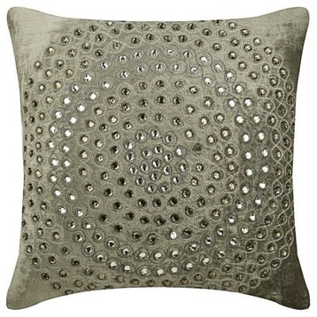 Grey Large Euro Pillow Sham Velvet 24x24 Dotted Zardozi, Crystal Wonder