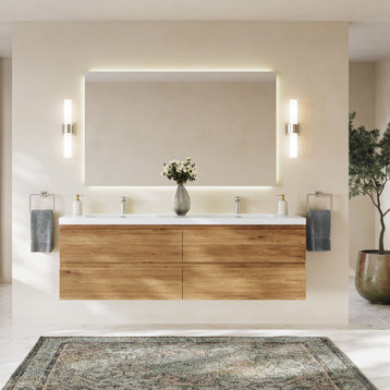 The Beacon Bathroom Vanity, Double Sink, 72”, Natural Oak, Wall Mounted