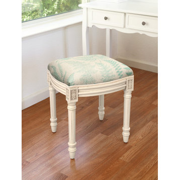 Fern-Grey, Print Linen Upholstered Vanity Stool, Aqua