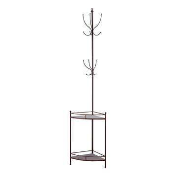 Hope 12 Hook Corner Coat and Hat Rack Stand With Storage Shelves, Bronze