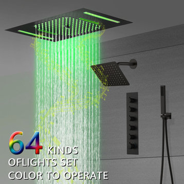 Dual Heads LED Music Thermostatic Shower System with Hand Shower, Matte Black, 23 in. X 15 in.
