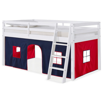 Roxy Twin Wood Junior Loft Bed, White, Blue and Red Tent, Bed Color: White, Tent: Blue/Red