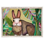 GreenBox Art + Culture - "Carrot Cake Bunny In Leaves" Mini Framed Canvas by Eli Halpin - Round brown bunny sitting in a garden surrounded by green leaves.