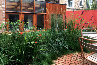 This is an example of a contemporary back full sun garden in London with brick paving and a wood fence.